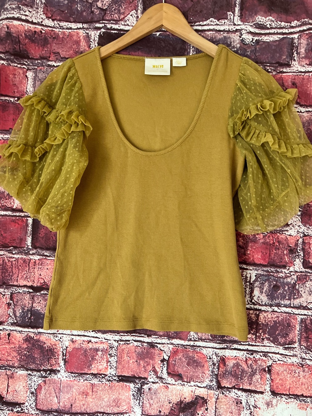 Anthropologie Maeve Puff Sleeve Scoop Neck Ribbed Top